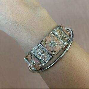 Vintage Pink Enamel Floral Bracelet & Silvertone Bangle Set